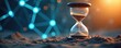© Pete - Hourglass on sand with digital network background. Time passing, measuring duration, counting down. Concept for project deadlines, environmental impact analysis, or sustainable resource management.