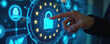 © Pete - Digital screen shows EU flag stars and padlock icon. Hand touches cyber security data privacy graphic. Network security law compliance abstract.