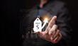 © OleCNX - Price and cost of living increase concept. Businessman shows price tag icon with rising arrow, gauge, CPI, and interest rate graph. Economic inflation, budget management, and financial crisis.