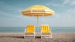 © Renderly - Relaxing beach scene with yellow umbrella and chairs on a sunny day