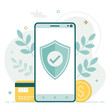 © Sohana - Secure online transaction on mobile device with shield icon, credit card, and currency symbol in minimalist design