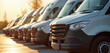 © Viktor - New passenger vans parked in a line. Commercial vehicles ready for rent or sale. Modern transport fleet under sunlight. Business industry transportation.