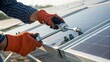 © adaptable_ Lark98A1 - A person in gloves is adjusting a solar panel using tools, emphasizing renewable energy and hands-on maintenance.