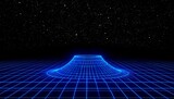 Futuristic grid landscape with glowing blue mesh against starry night sky