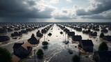 Aerial view of coastal village submerged by rising sea levels, illustrating flooding, climate change, and environmental crisis.