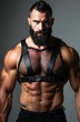 © Maryna - Muscular man with beard wears black leather harness over mesh shirt. He has toned abs, shows strong physique. He stands with serious expression in studio. Athlete poses confidently.