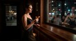 © Olga - Elegant woman holding a cocktail, looking out a bar window at night for urban contemplation concept and sophisticated evening ambiance