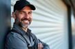© Maryna - Smiling man in work uniform stands outside industrial building. Wears cap, overalls, leans against wall, arms crossed, exuding competence, professionalism. Garage door in background closed. Looks
