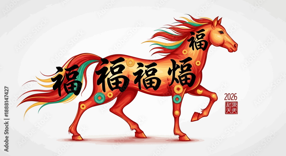 Stylized red horse with Chinese characters '福' for fortune, celebrating ...
