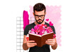 © deagreez - Composite photo collage of serious man hold open book tulips flowers international spring holiday present isolated on painted background