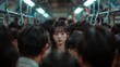 © KENTA - Depressed young Asian woman standing alone in a crowded subway train, cinematic lighting, urban rush hour commute and loneliness, mental health concept, bokeh background.