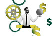 © deagreez - Composite photo collage of happy businessman hold gearwheel coin income progress earnings dollar income isolated on painted background