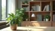 © Maryna - Minimalist office with bookshelf filled with books and green plants. Natural light streams in through window onto wooden table. Clean aesthetic, modern decor, and calm atmosphere.
