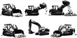 © Hanif World - Construction machinery silhouettes set, bulldozer and excavator loading rocks, heavy earth moving equipment icons for mining engineering vector illustration design