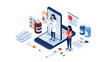 © SmartCoders5 - Isometric illustration of a telemedicine app showing a female doctor on a smartphone screen surrounded by medicines and reports.