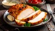 © Falah - Sliced, roasted poultry dish with herb garnish and two sauces, served on a plate