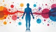 © Maryna - Blue human silhouette stands before abstract colorful blood cell graphics, red flowing lines. Represents health science, biology, medical infographics. Visualizes hematology, body systems, cellular