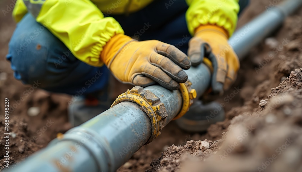 Worker in yellow jacket fixes underground gas pipe joint. Hands wear gloves, holding pipe section, connecting pipes. Construction site excavates earth for utility line repair.