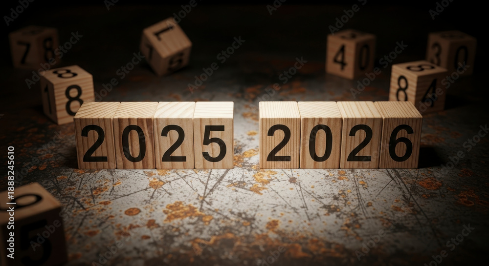 2025 to 2026 transition wooden blocks glowing light future planning ...