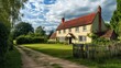 © Maksum Udod - Charming countryside house with a red roof and grassy yard near a dirt road surrounded by trees and bright blue sky.