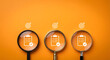 © solom - three magnifying glasses focusing on checklist clipboard icons and target symbols over a bright orange background for quality control performance monitoring and goal achievement