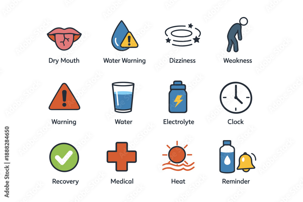 Dehydration icons: symptoms and solutions including dry mouth ...