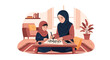 © Amie - Vector illustration of a Muslim mother teaching her daughter Islamic calligraphy, promoting cultural education, creativity, and faith-based learning in flat vector style