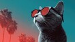 © Ket - Trendy cat in sunglasses with vibrant palm trees in the background