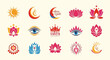 © renender - Collection of various religious and cultural symbols including sun, moon, lotus flowers, eyes, and crowns.