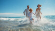 © Broccolini - A joyful family with a young son running and splashing in the shallow ocean water at a sunny beach, captured in a dynamic and happy summer vacation moment.