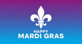 White fleur de lis symbol on gradient purple blue background with happy mardi gras text
