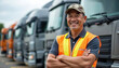 © Pete - Middleaged Filipino man wearing safety vest and cap smiles by trucks. He stands with arms crossed near industrial vehicles in a bright outdoor setting, looking confident and content.