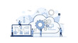© Nixel Arts - Cloud computing and data management vector art with business team and gears on transparent background for network infrastructure and information technology services.