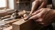 © Galan - Carpenter shaping wood with chisel in workshop.