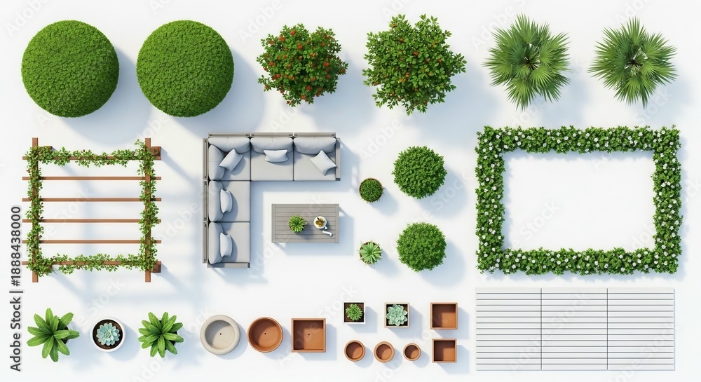 Top View Landscape Garden Elements with Pergola Sofa and Tropical ...