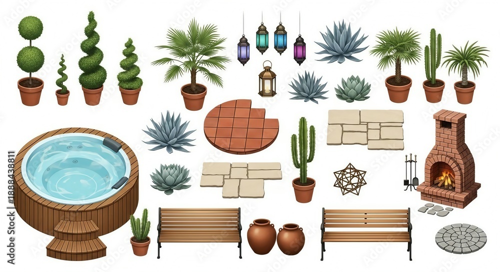 Landscape Design Elements with Hot Tub Fireplace and Garden Furniture ...