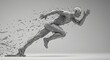 © dara - Geometric human figure mid-sprint, breaking apart, monochrome against neutral backdrop