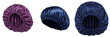 © Druvh - Set of luxury satin silk sleep bonnets for hair protection, purple and navy blue elastic night caps isolated on white background for beauty and hair care.
