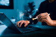 © Sutthiphong - Business professional using digital ecommerce system with virtual shopping cart, online payment, customer service interface, data visualization to represent modern retail technology, commerce strategy