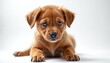 © Viktor - Cute puppy with blue eyes lies on white background. Brown dog looks at camera, adorably curious and playful. Canine companion awaits adoption or new home.