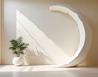 © The Subekti - Abstract Curved Wall Fragment Casting a Shadow. Monochrome Minimal Interior (Warm Neutral Room). Curved wall fragment serving as a room divider positioned in the bottom-center of the frame.