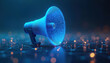© Maryna - Blue glowing megaphone on abstract digital network background. Digital communication tech, future announcement, data broadcasting, online alert, info spread.
