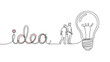 © Benedict - Continuous line drawing connecting the word idea with two human figures and a large glowing light bulb to symbolize collaborative innovation.