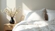 © Maryna - Modern bedroom with sunlight and white bedding. Spring flowers in black vase on bedside table. Clean, bright, and serene sleeping space. Peaceful morning ambiance in a minimalist home.