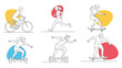 © Jack - Diverse collection of people participating in active transportation including cycling, running, and skateboarding in line art.