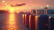 © tashechka - Luggage waits at the airport while a plane takes off during sunset