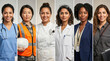 © Ed - horizontal banner with a collage of vertical portraits of women of different nationalities in professional workwear, a poster concept for International Women's Day and Labor Day