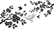 © OKAN - Silhouette floral vector branches with cherry blossoms and flying birds left to right ornamental composition elegant spring breeze design black ink style close up corner arrangement