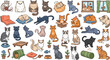 © Sanjida - Cute cartoon cat vector set featuring playful kittens, sleeping cats, funny poses, pet accessories, cozy home scenes, and adorable feline characters