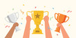 © solthanya - The Winner prize goblet banner, Hand holding gold trophy cup and medals vector illustration.